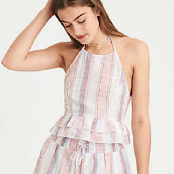 American Eagle Outfitters Tops - [American Eagle] Striped Linen Ruffle Crop Top